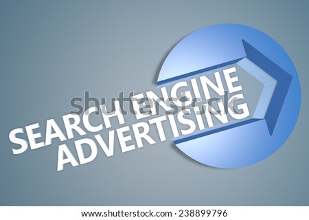 Search Engine Advertising - 3d text render illustration concept with a arrow in a circle on blue-grey background