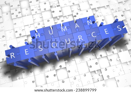 Human Resources - puzzle 3d render illustration with block letters on blue jigsaw pieces