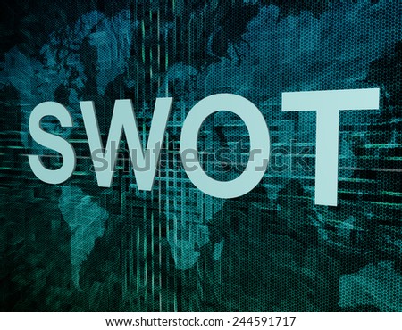 SWOT - Strengths, weaknesses, opportunities, and threats text concept on green digital world map background