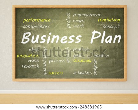 Business Plan - 3d render illustration of text on green blackboard in a room.