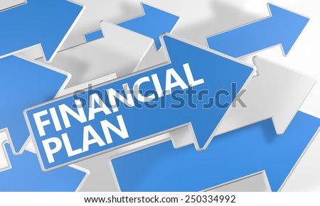 Financial Plan 3d render concept with blue and white arrows flying over a white background.