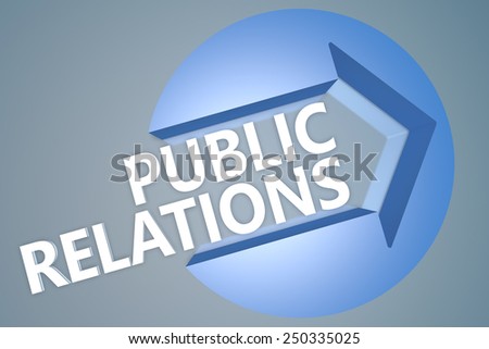Public Relations - 3d text render illustration concept with a arrow in a circle on blue-grey background