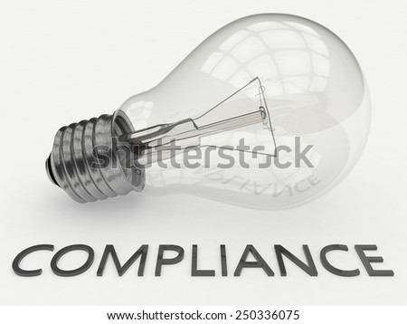 Compliance - lightbulb on white background with text under it. 3d render illustration.