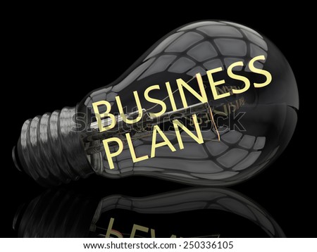 Business Plan - lightbulb on black background with text in it. 3d render illustration.