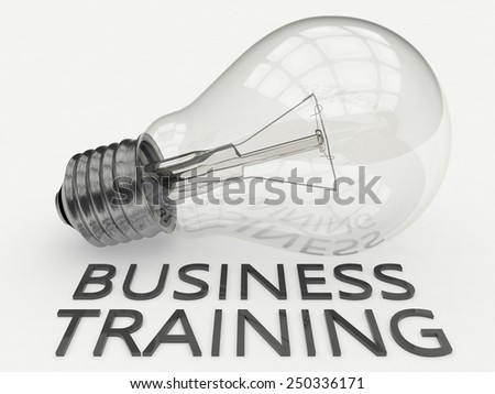 Business Training - lightbulb on white background with text under it. 3d render illustration.