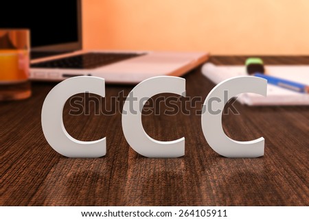 CCC - Customer Care Center - letters on wooden desk with laptop computer and a notebook. 3d render illustration.