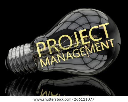 Project Management - lightbulb on black background with text in it. 3d render illustration.