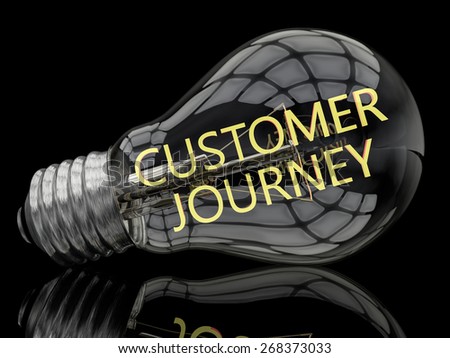 Customer Journey - lightbulb on black background with text in it. 3d render illustration.