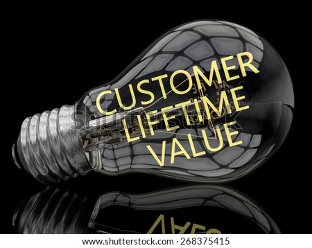 Customer Lifetime Value - lightbulb on black background with text in it. 3d render illustration.