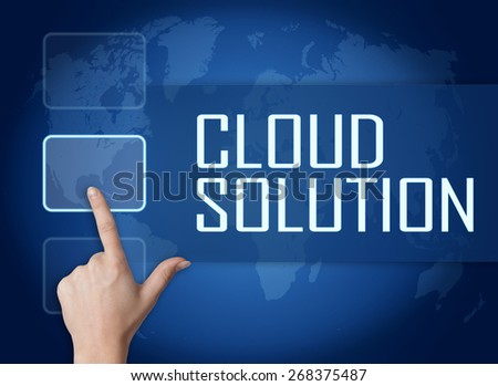 Cloud Solution concept with interface and world map on blue background