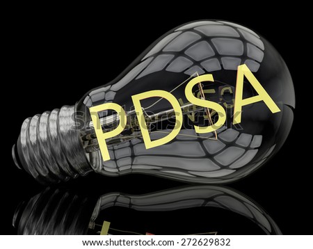PDSA - Plan Do Study Act - lightbulb on black background with text in it. 3d render illustration.