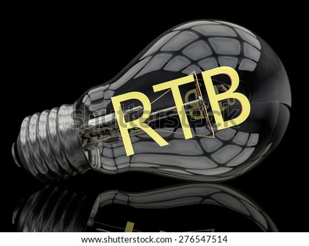RTB -  Real Time Bidding - lightbulb on black background with text in it. 3d render illustration.