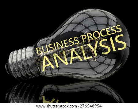 Business Process Analysis - lightbulb on black background with text in it. 3d render illustration.