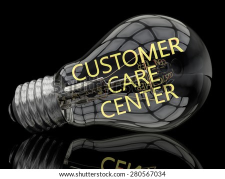 Customer Care Center - lightbulb on black background with text in it. 3d render illustration.