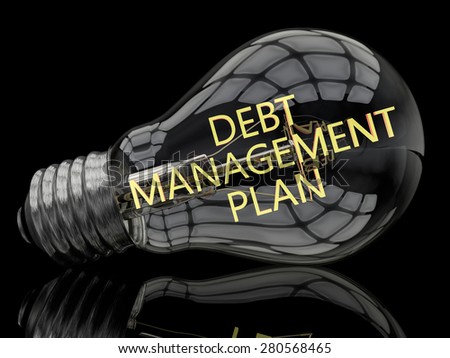 Debt Management Plan - lightbulb on black background with text in it. 3d render illustration.