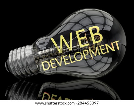 Web Development - lightbulb on black background with text in it. 3d render illustration.
