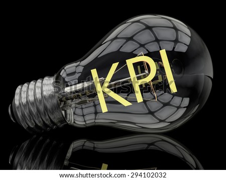 KPI - Key Performance Indicator - lightbulb on black background with text in it. 3d render illustration.