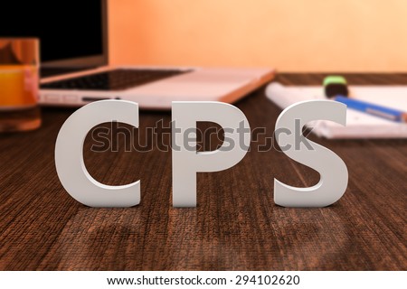 CPS - Cost per Sale - letters on wooden desk with laptop computer and a notebook. 3d render illustration.