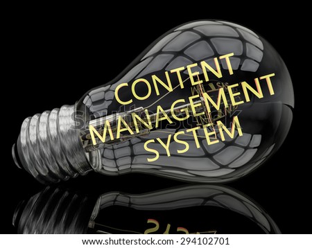 Content Management System - lightbulb on black background with text in it. 3d render illustration.