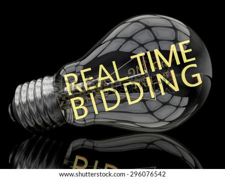 Real Time Bidding - lightbulb on black background with text in it. 3d render illustration.