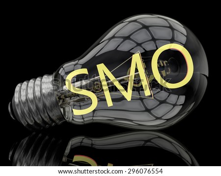 SMO - Social Media Optimization - lightbulb on black background with text in it. 3d render illustration.