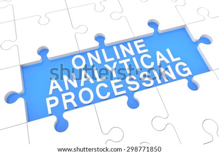 Online Analytical Processing - puzzle 3d render illustration with word on blue background