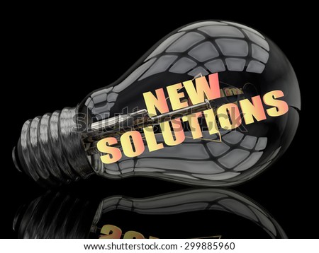 New Solutions - lightbulb on black background with text in it. 3d render illustration.