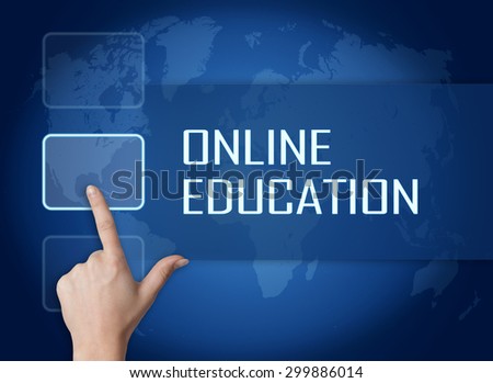 Online Education concept with interface and world map on blue background