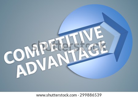 Competitive Advantage - text 3d render illustration concept with a arrow in a circle on blue-grey background