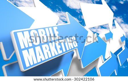 Mobile Marketing - 3d render concept with blue and white arrows flying in a blue sky with clouds