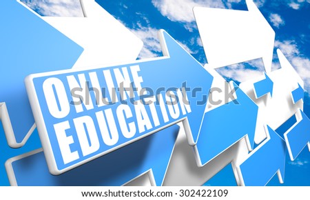 Online Education 3d render concept with blue and white arrows flying in a blue sky with clouds