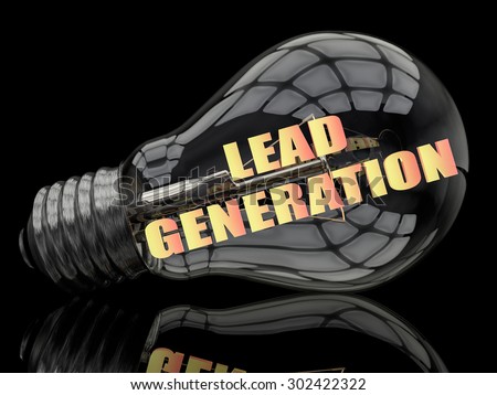 Lead Generation - lightbulb on black background with text in it. 3d render illustration.