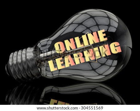 Online Learning - lightbulb on black background with text in it. 3d render illustration.
