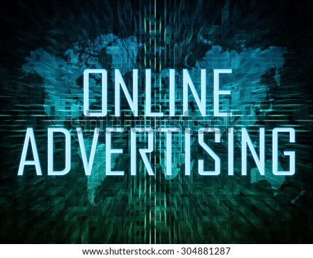 Online Advertising text concept on green digital world map background