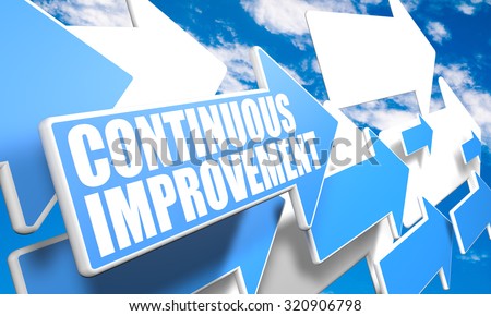 Continuous Improvement - 3d render concept with blue and white arrows flying in a blue sky with clouds