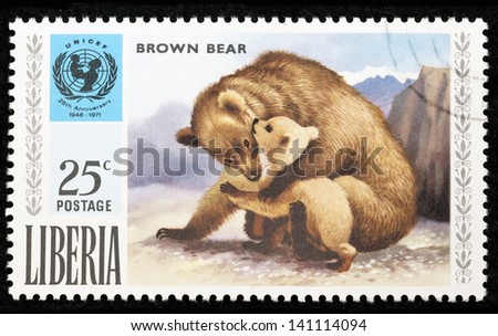 LIBERIA - CIRCA 1971: A stamp printed in Liberia shows brown bear, circa 1971
