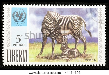 LIBERIA - CIRCA 1971: A stamp printed in Liberia shows zebra, circa 1971