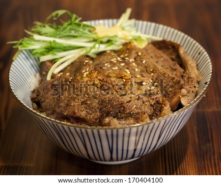 Beef steak Donburi on rice meal