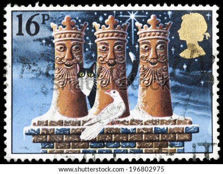 UNITED KINGDOM - CIRCA 1983: A British Used Christmas Postage Stamp showing the Three Kings as Chimney Pots, circa 1983