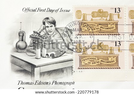 USA - CIRCA 1977: A stamp printed in United States of America shows Foil phonograth, centennial of sound recording, circa 1977