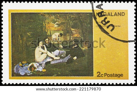NAGALAND - CIRCA YEAR 1972: A stamp printed in Nagaland shows art drawing of a lady and men, circa year 1972