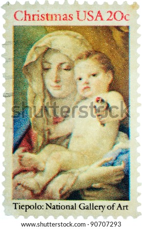 USA - CIRCA 1982: A stamp printed in USA shows a picture of Madonna and Goldfinch done by Giovanni Tiepolo, an18th century Italian artist, circa 1982