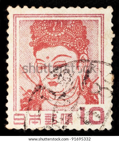 JAPAN -CIRCA 1954:  A stamp printed in Japan shows a picture of Kannon, or Guanyin, a bodhisatva venerated by Buddhists and associated with compassion, circa 1954