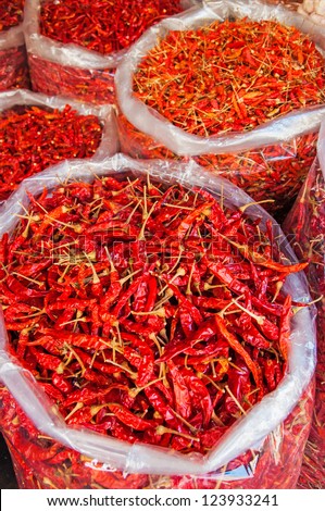 Dry red chillies pepper at market.