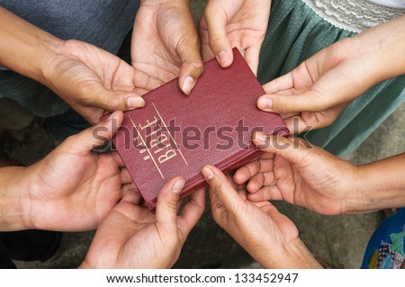 Group of people holding Holy Bible and praying.
