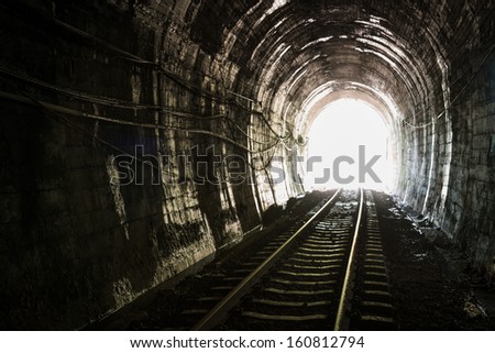 Light at the end of railroad tunnel. Khuntan tunnel ,Thailand