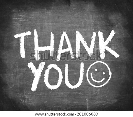 THANK YOU with smiley face handwriting on chalkboard.