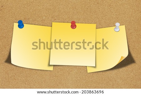 Yellow note and push pin isolated on cork board ready for your text.