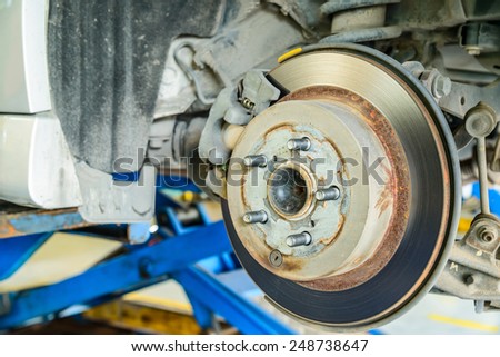 Close up of disk brake on car in process of damaged.- Brake job