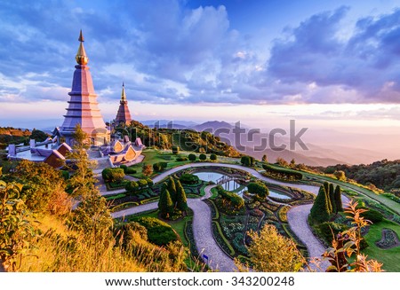 Landscape of two pagoda, place leisure travel in an Inthanon mountain, Chiang Mai, Thailand.